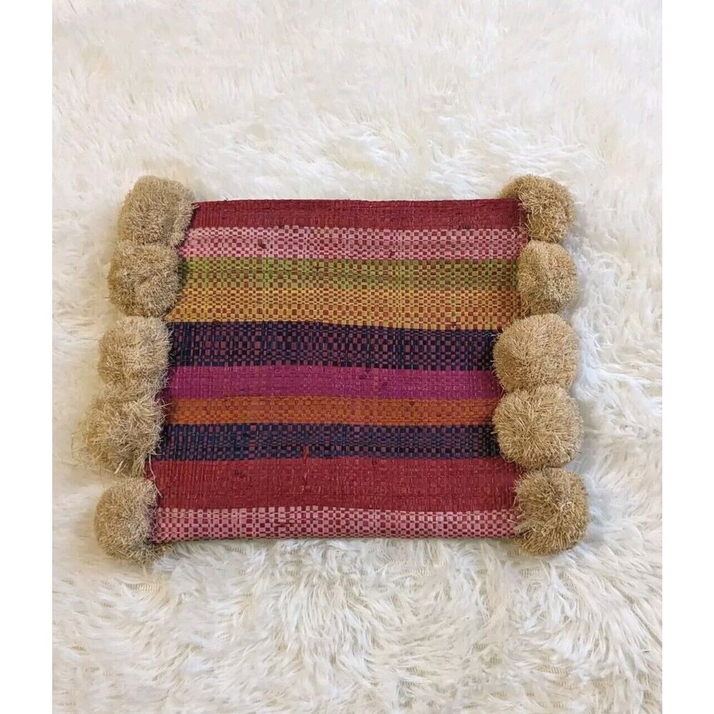 Nordstrom Hatattack Rattan Boho Multicolor Pompom Clutch NWOT